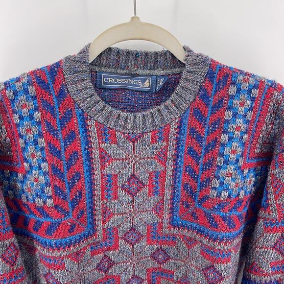 Vintage Crossings wool blend fair isle grandpa crewneck sweater sz M - Picture 2 of 7